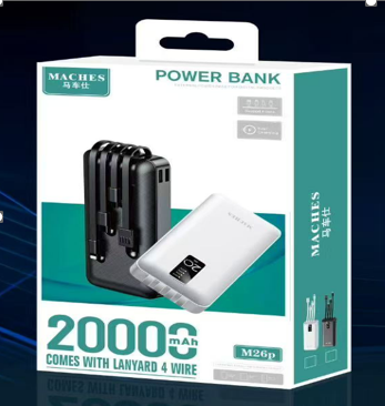 Power Bank M26P 20000MAH CON Cables Integrados Negro