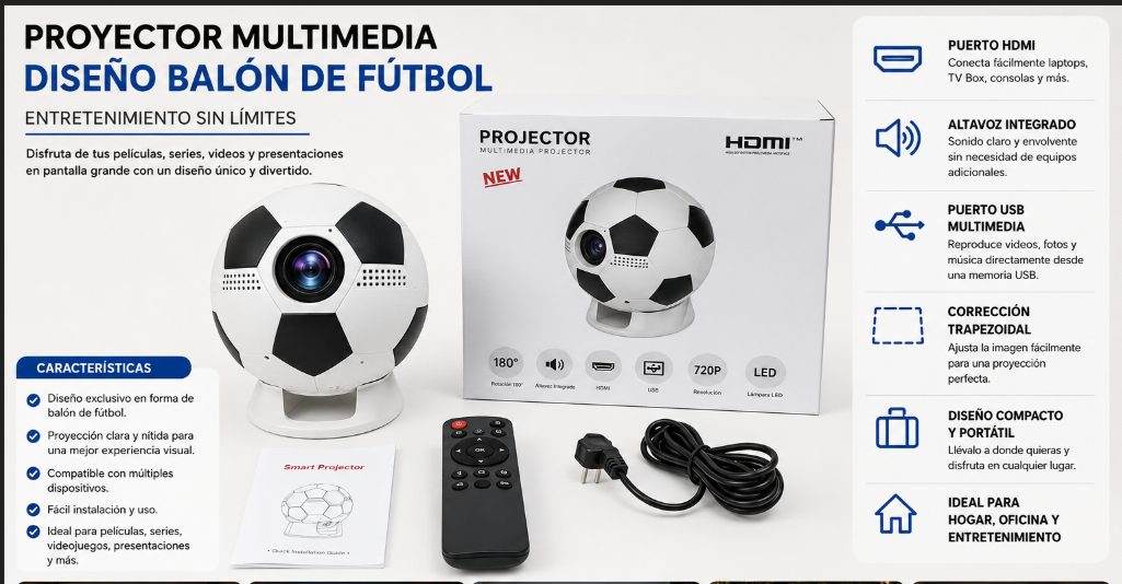 Proyector Video Beam Multimedia Portátil Diseño Balón DE Fútbol Z50