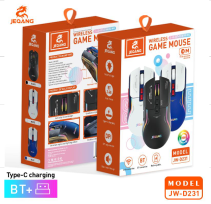 MOUSE GAMING INALÁMBRICO RECARGABLE RGB JEQANG JW-D231  BLUETOOTH + 2.4 GHZ NEGRO