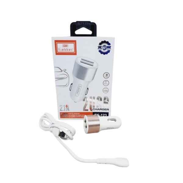 Cargador Cubo Carro Doble Usb 2.1 A Con Cables Micro V8  Es-123M Earldom Plateado