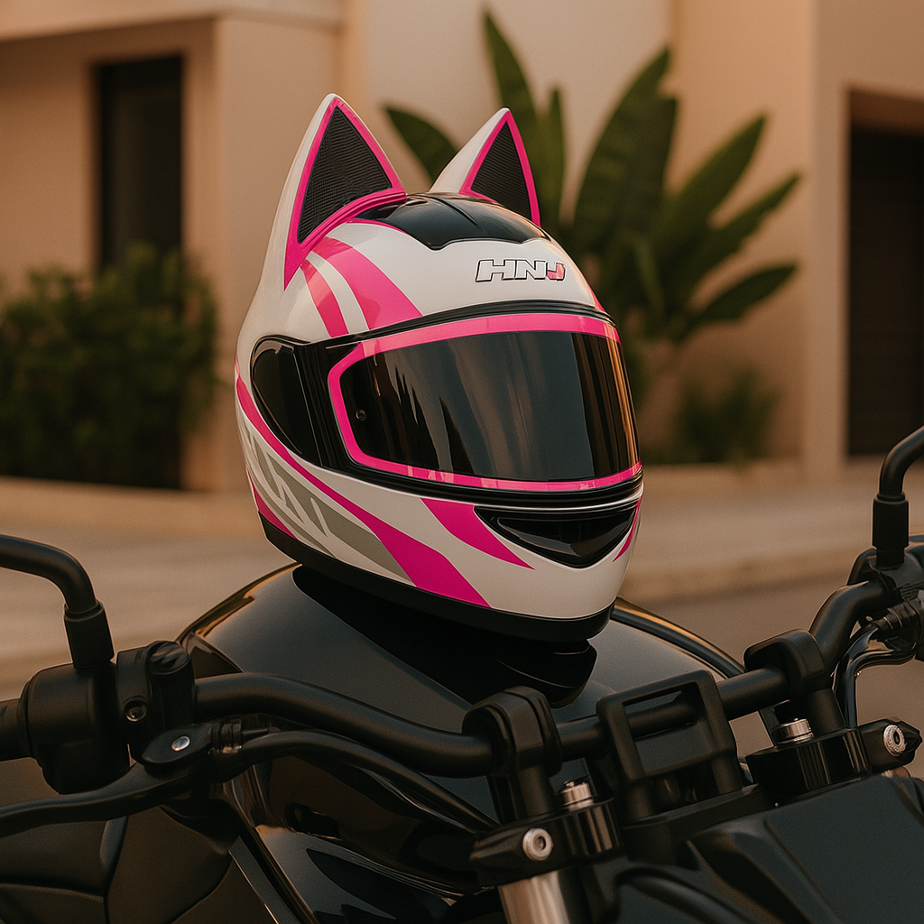 😻 Casco de Moto Blanco con Orejas – Talla XL, Certificado DOT, Fibra de Vidrio