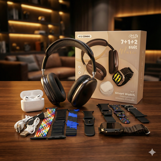 Combo Tecnológico K12 Negro | Audífonos, Buds y Smartwatch