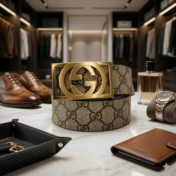 FAJA MARCA GUCCI HEBILLA DORADA INICIALES GG RECTANGULAR CAFE/ DISEÑO