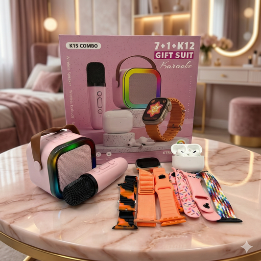 Combo Tecnológico 4 en 1 (Modelo K15) | Karaoke, Reloj y Audífonos