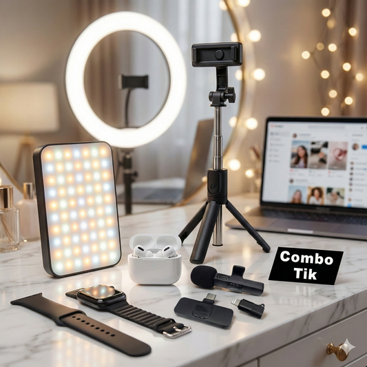 Combo Creador de Contenido (Modelo Tik-5) | Micrófono, Luz y Reloj