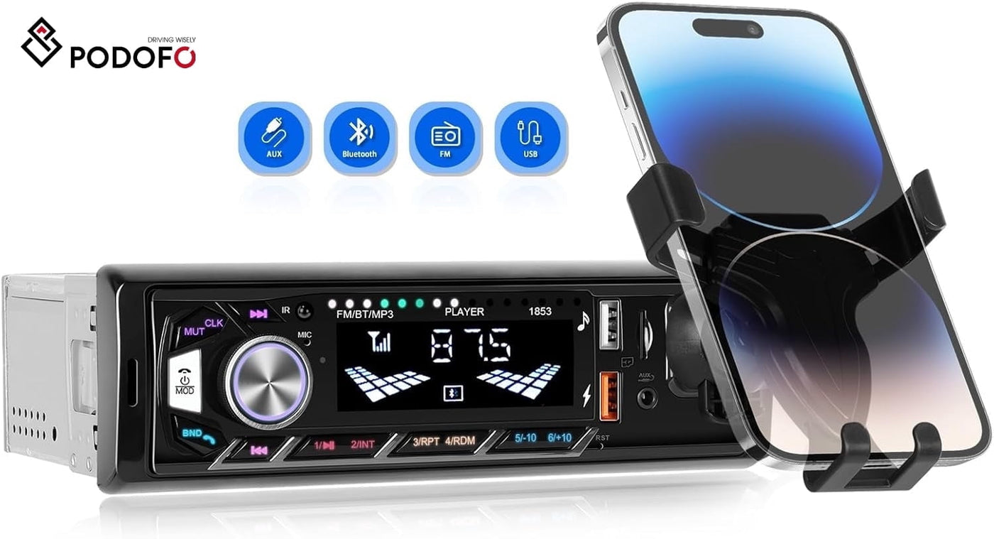 Radio MP3 1-DIN Bluetooth para carro