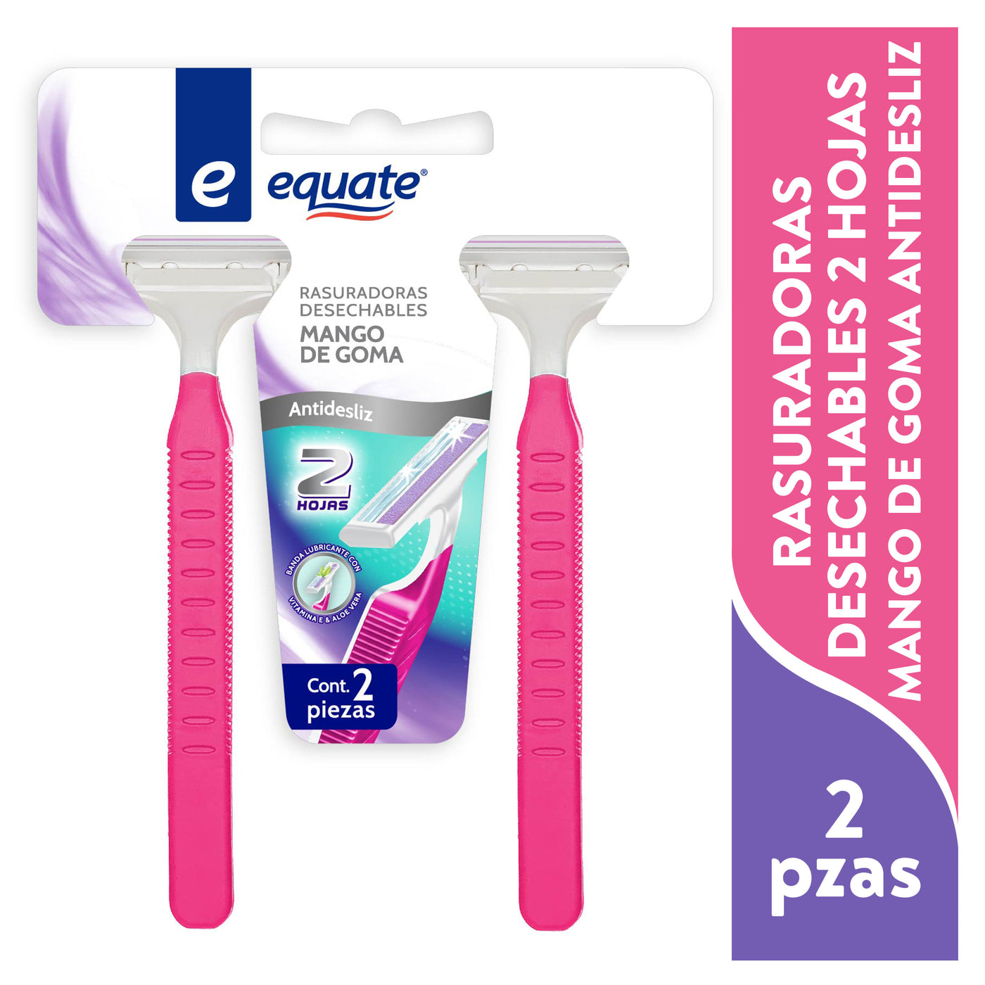 Rasuradoras Desechables Equate 2 Hojas Mango De Goma Antidesliz - 2pza