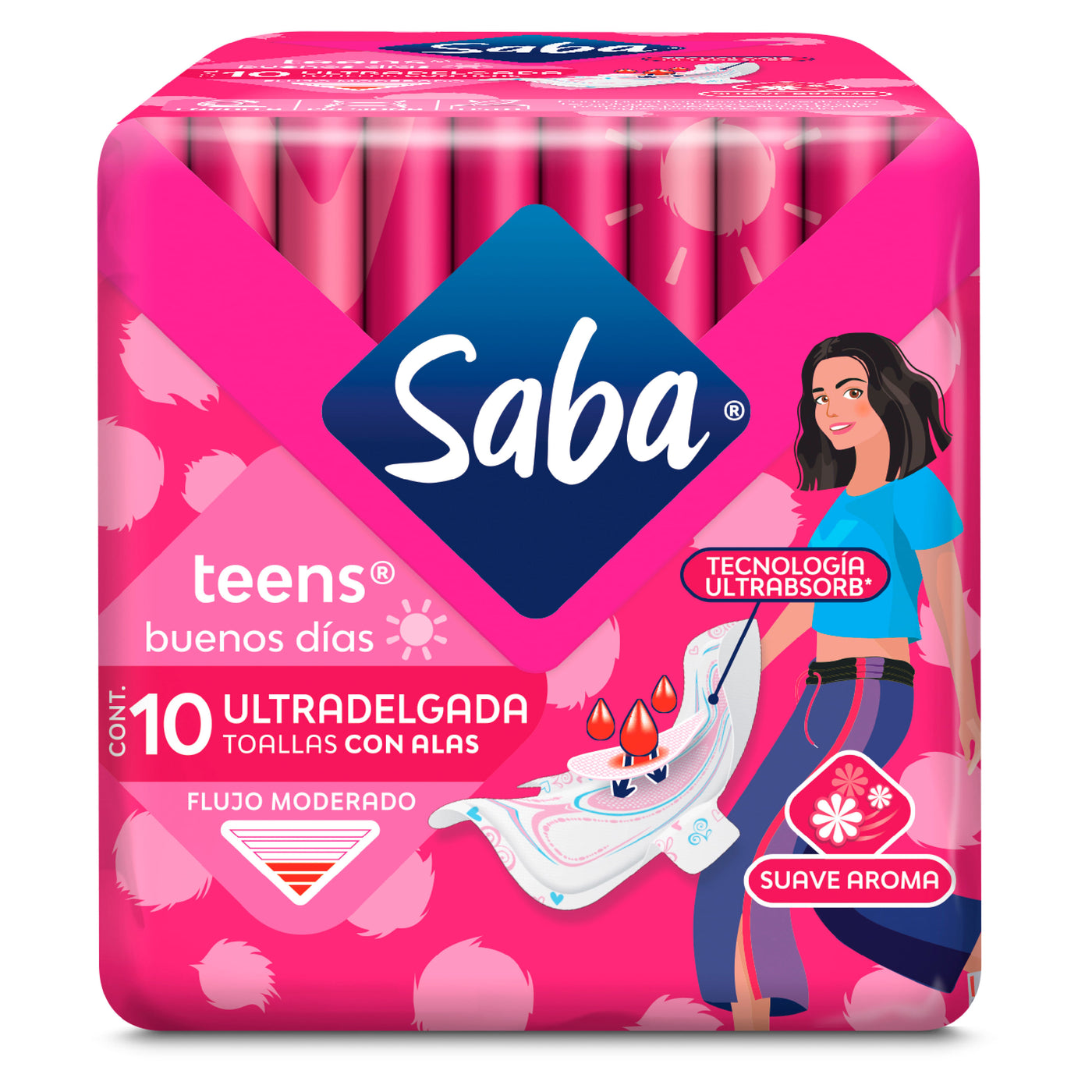 Toallas Femeninas Saba Teens Ultradelgada Flujo Moderado Con Alas - 10 Uds