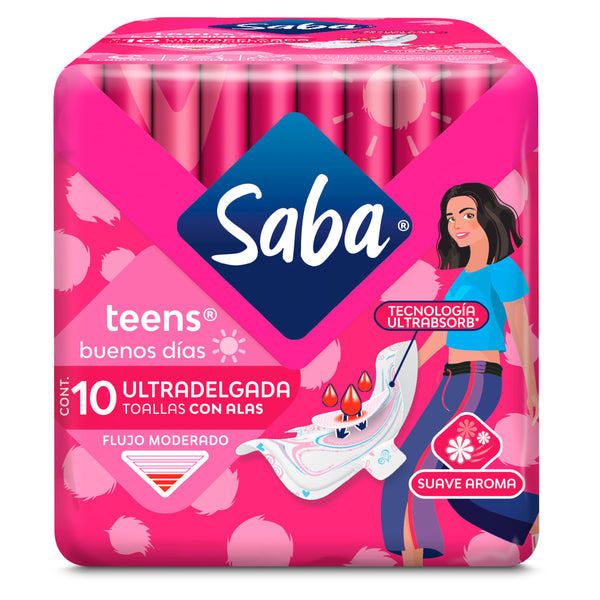 Toallas Femeninas Saba Teens Ultradelgada Flujo Moderado Con Alas - 10 Uds