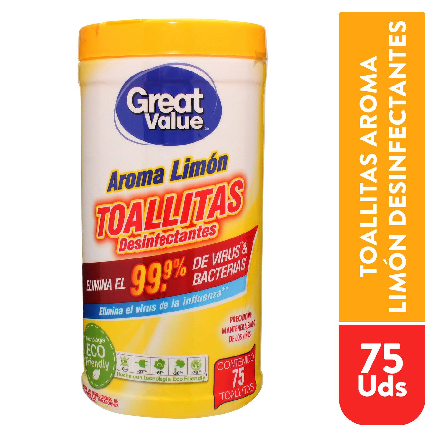 Toallitas Great Value Desinfectantes Aroma Limón - 75 Uds