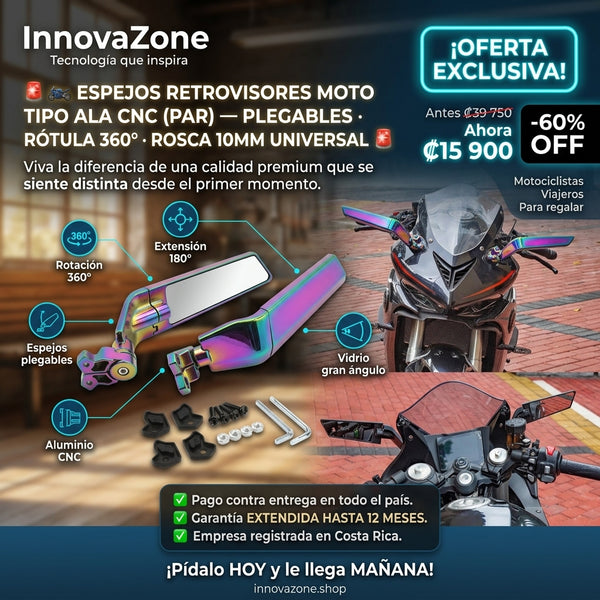 🏍️ Espejos Retrovisores Moto Tipo Ala CNC (Par) — Plegables · Rótula 360° · Rosca 10mm Universal - oferta