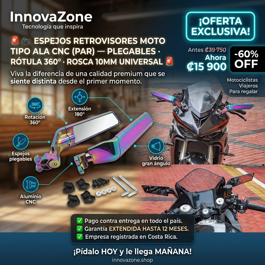 🏍️ Espejos Retrovisores Moto Tipo Ala CNC (Par) — Plegables · Rótula 360° · Rosca 10mm Universal - oferta