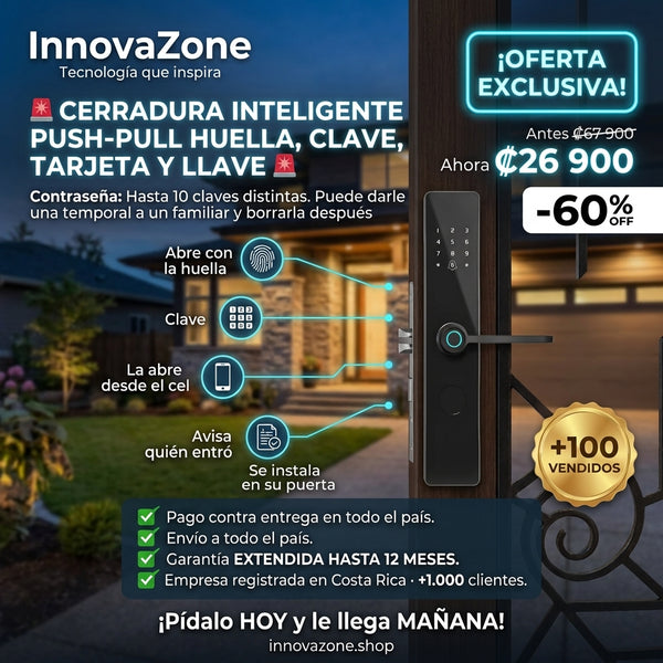 Cerradura inteligente Push-Pull con huella, clave, tarjeta y llave