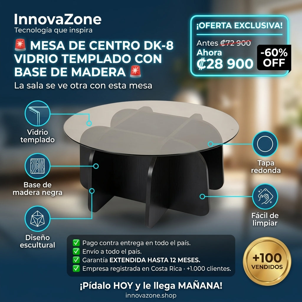 Mesa de Centro DK-8 Vidrio Templado con Base de Madera