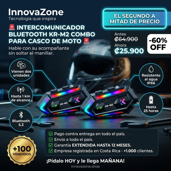 Intercomunicador Bluetooth para Casco de Moto Karler Bass KR-M2 Combo (2 Audífonos) — BT 5.3, 1 km, RGB, IPX6, Negro