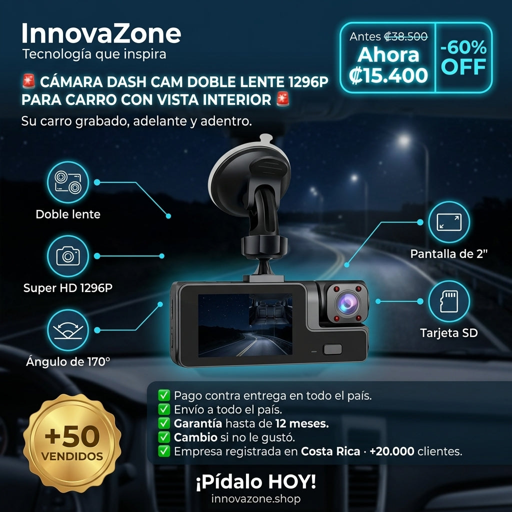 Cámara Dash Cam Doble Lente 1296P para Carro con Vista Interior - oferta