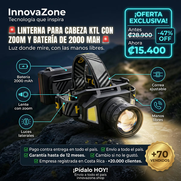 Linterna para cabeza KTL con zoom y batería de 2000 mAh - oferta
