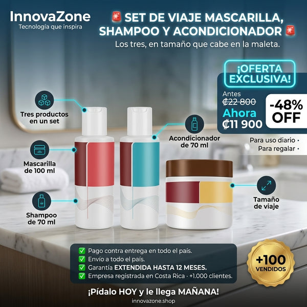 Set de viaje: mascarilla de 100 ml, shampoo y acondicionador de 70 ml