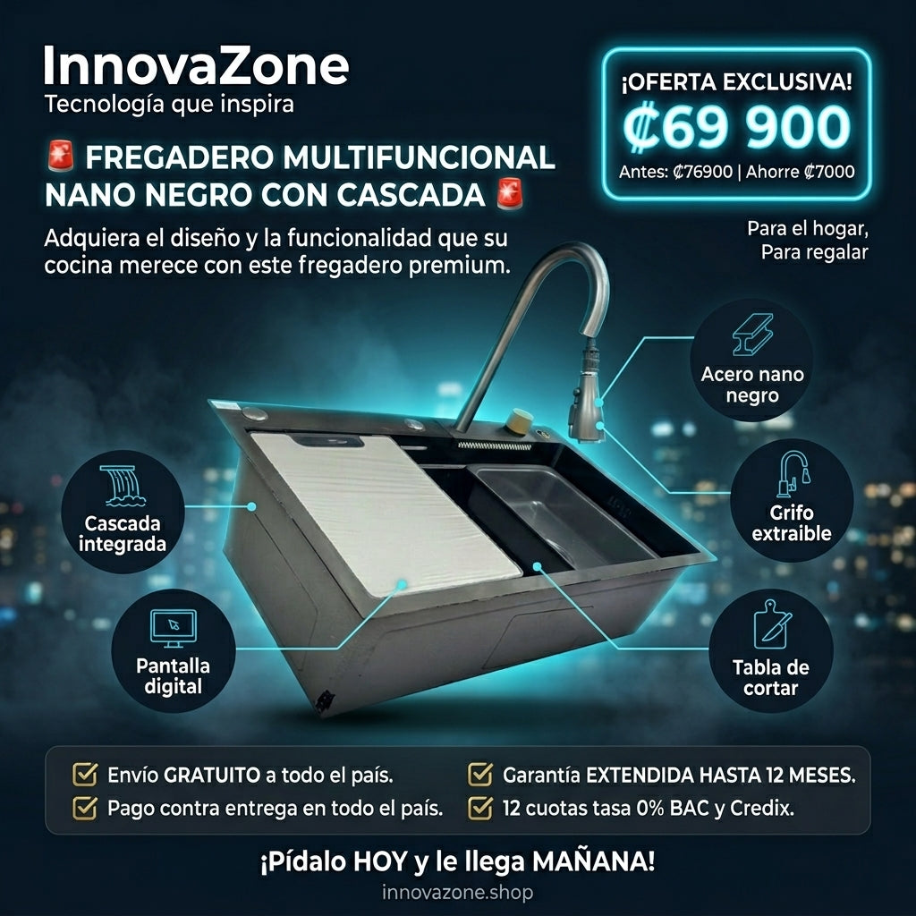 Fregadero Multifuncional Nano Negro con Cascada — Oferta 1:1