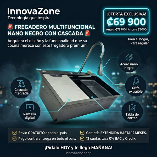 Fregadero Multifuncional Nano Negro con Cascada — Oferta 1:1