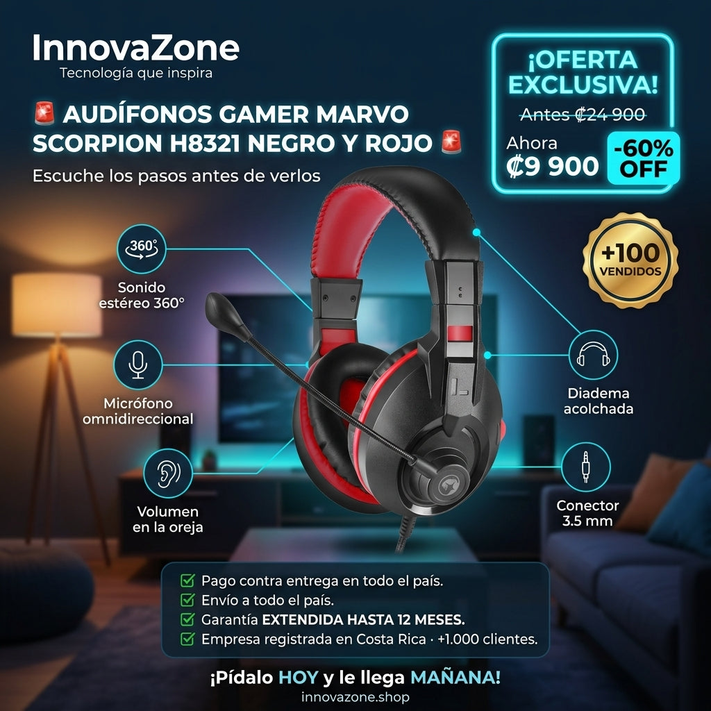 Audífonos Gamer MARVO Scorpion H8321 Negro y Rojo