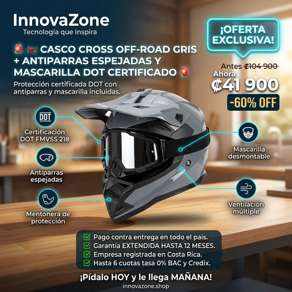Casco Cross Off-Road Gris con antiparras espejadas y mascarilla - oferta