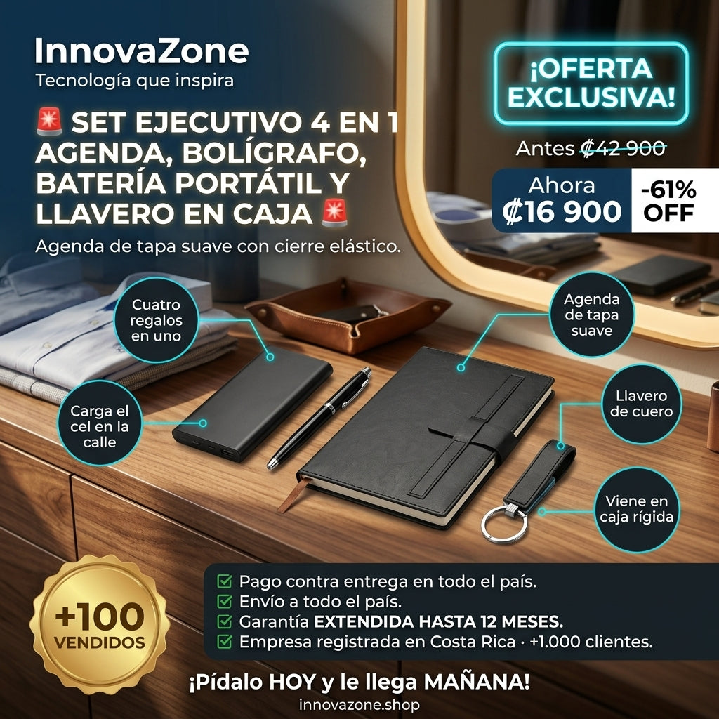 💼 Set Ejecutivo 4 en 1 — Agenda, Bolígrafo, Batería Portátil y Llavero en Caja