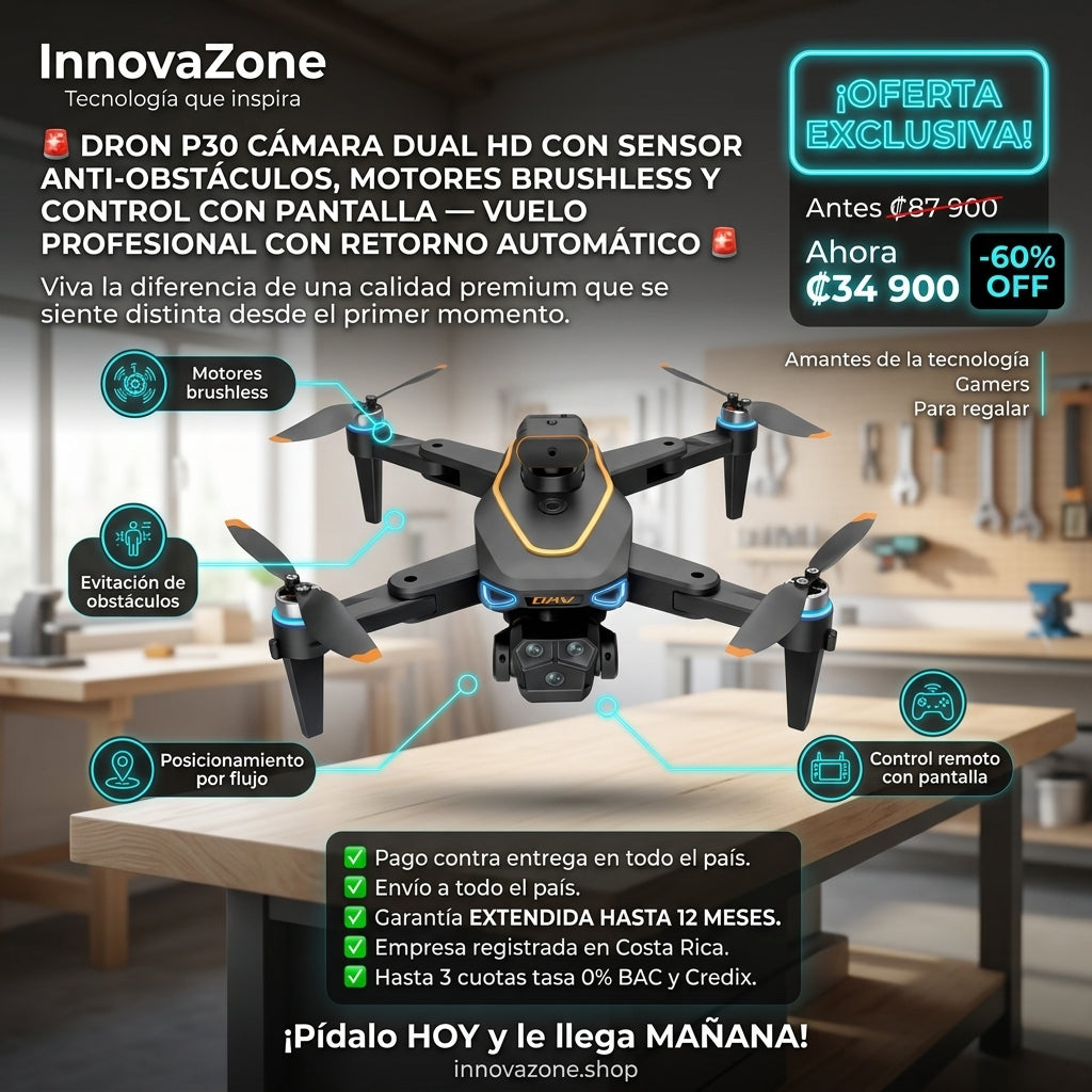 Dron P30 Cámara Dual HD con Sensor Anti-Obstáculos, Motores Brushless y Control con Pantalla - oferta