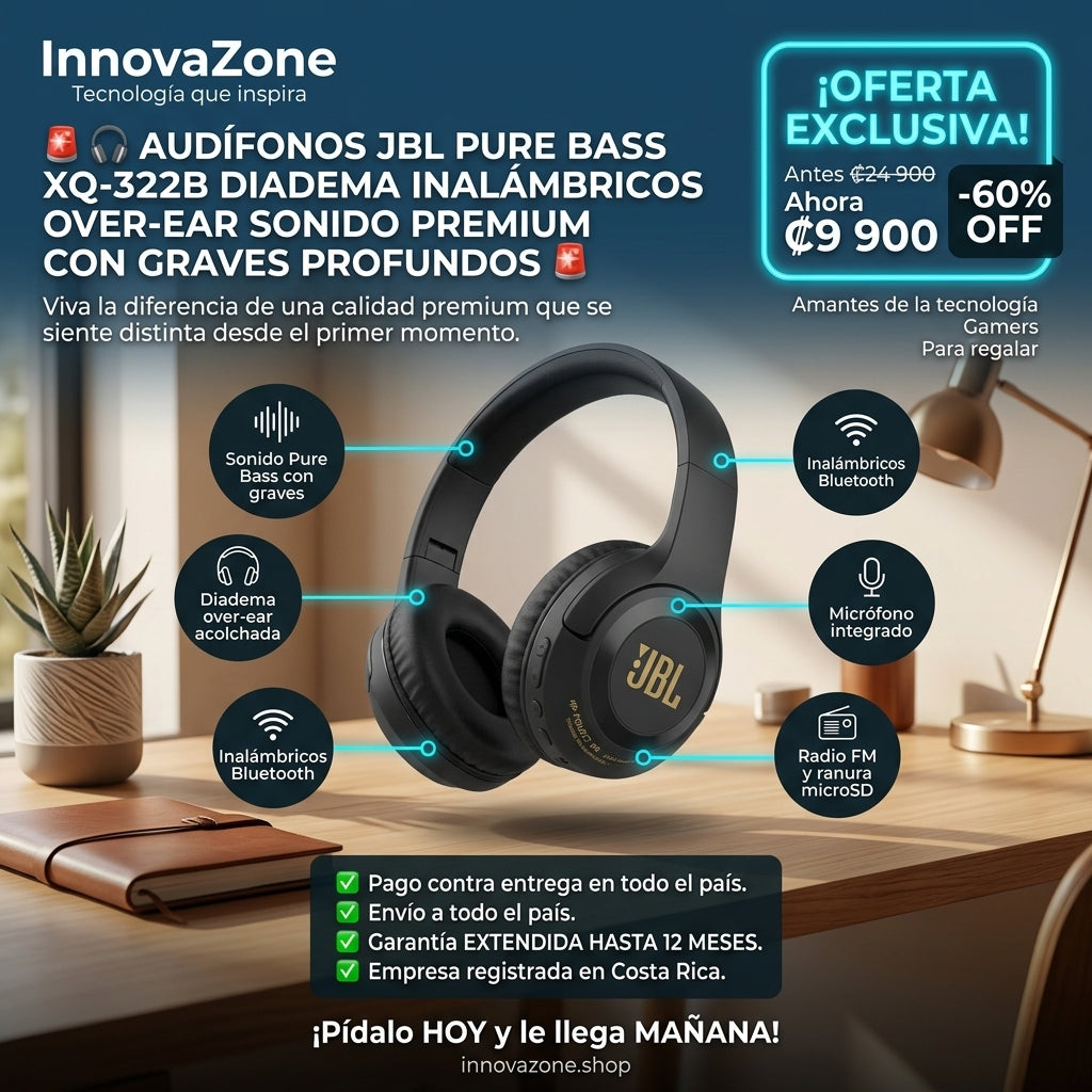 🎧 Audífonos JBL Pure Bass XQ-322B · Diadema Inalámbricos Over-Ear - oferta