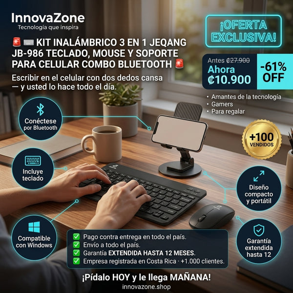 Kit Inalámbrico 3 en 1 JEQANG JB-986 – Teclado, Mouse y Soporte para Celular - oferta