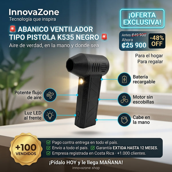 Abanico ventilador tipo pistola K535 negro, portatil y recargable