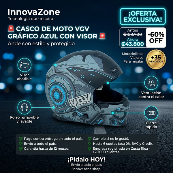 Casco de moto VGV gráfico azul con visor - oferta