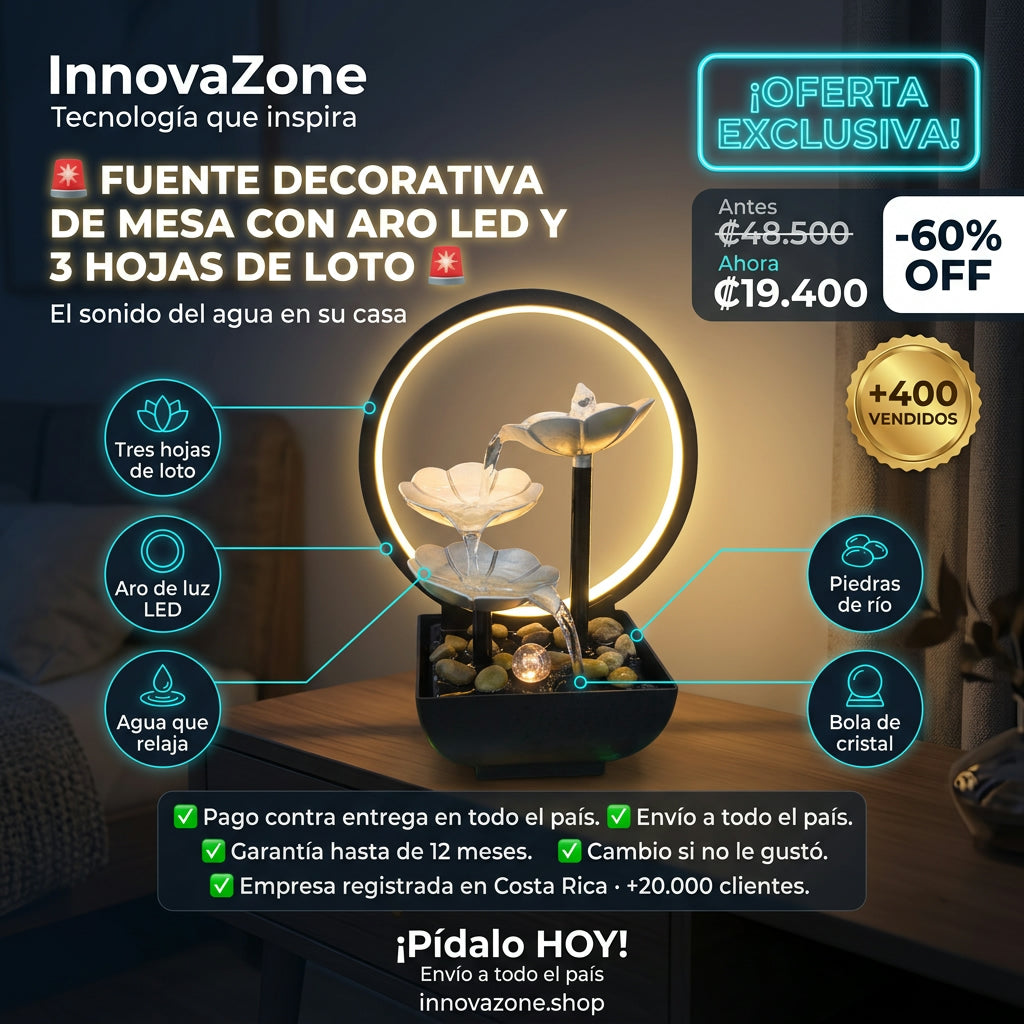 Fuente decorativa de mesa con aro LED y 3 hojas de loto - oferta