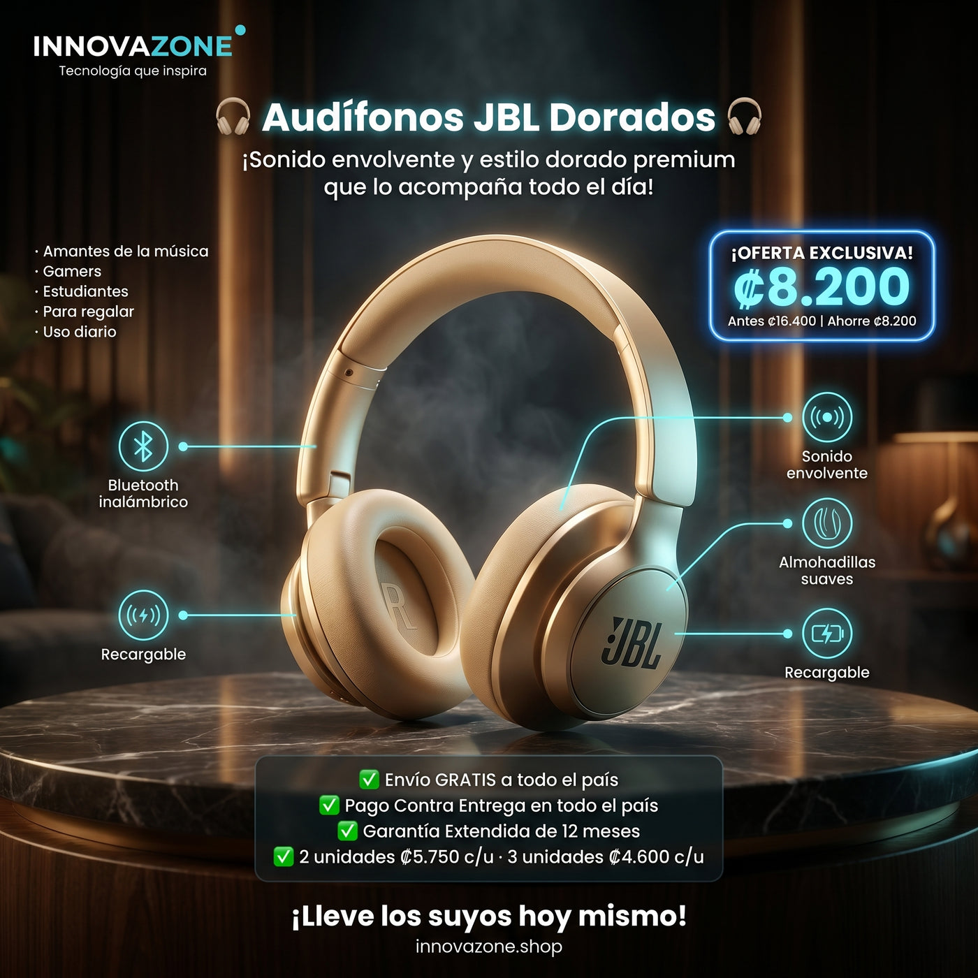 Audifonos de Diadema Dorados — Sonido Envolvente Sin Cables