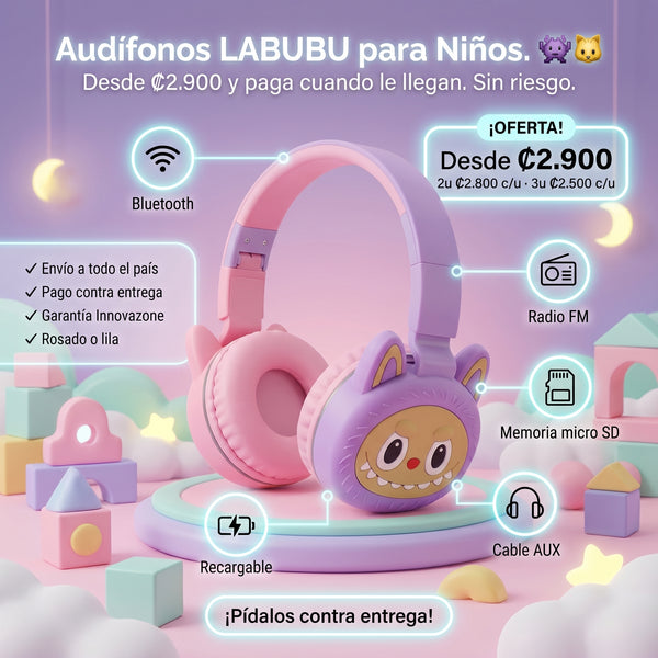 Audifonos LABUBU para Niños — Bluetooth + Radio FM + Micro SD