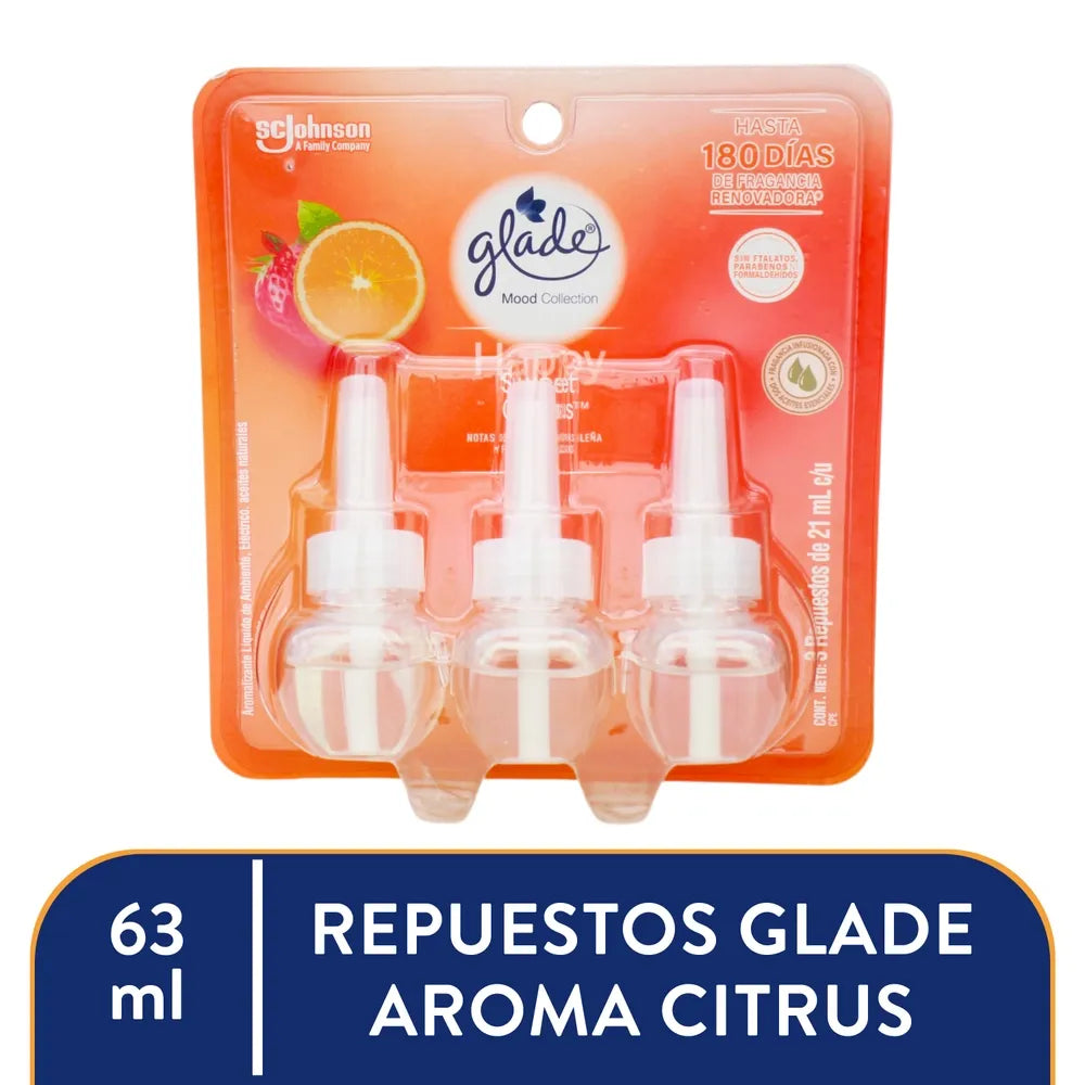 Aromatizante Glade Aceites Naturales Happy Sweet Citrus 3 Repuestos De 21ml C/u