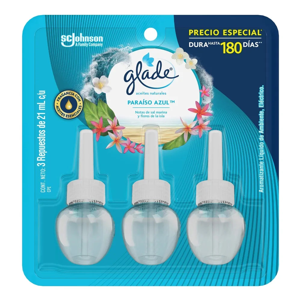 Aromatizante Glade Aceites Naturales Paraíso Azul 3 Pack - 21ml