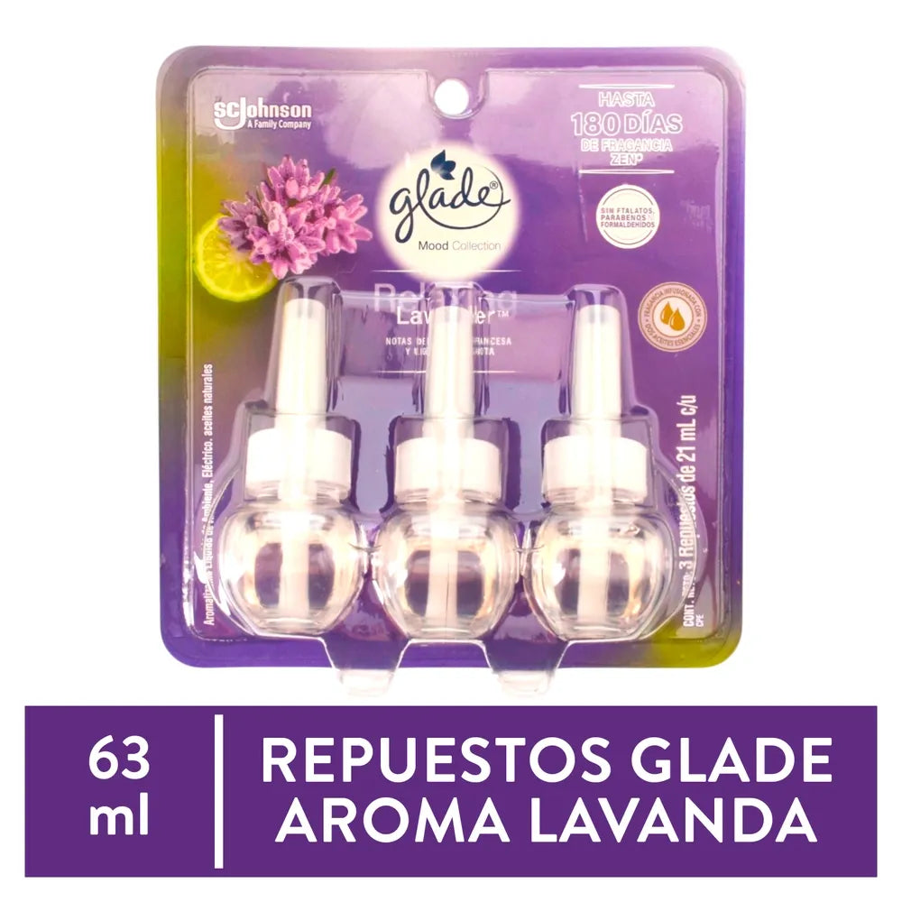 Aromatizante Glade Aceites Naturales Relaxing Lavender 3 Repuestos De 21ml C/u