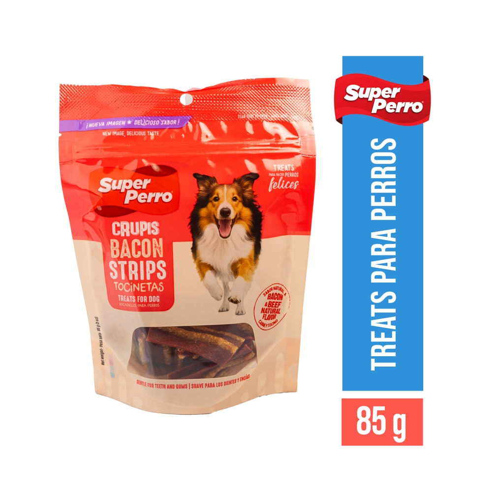 Bocadillo Super Perro Crupis Strips Sabor Tocineta - 85 G