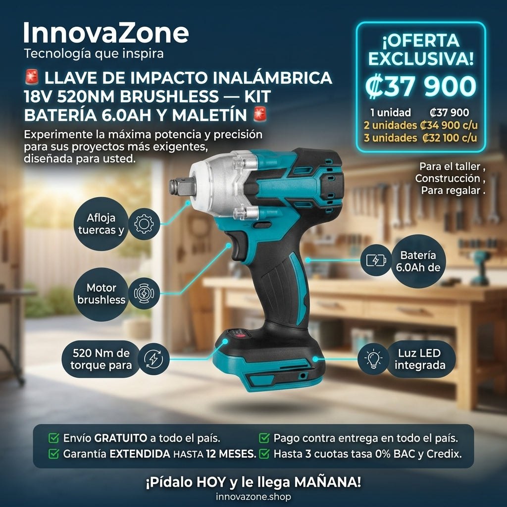 Llave de Impacto Inalámbrica 18V 520Nm Brushless — Kit Batería 6.0Ah y Maletín - oferta