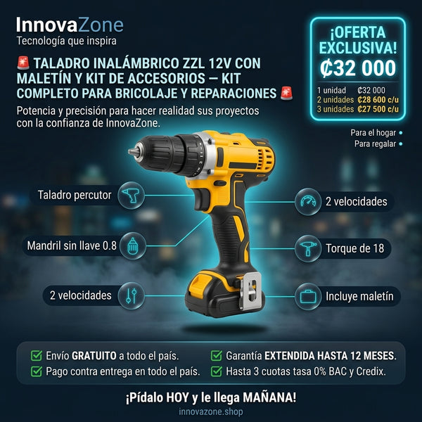 Taladro Inalámbrico ZZL 12V con Maletín y Kit de Accesorios - oferta