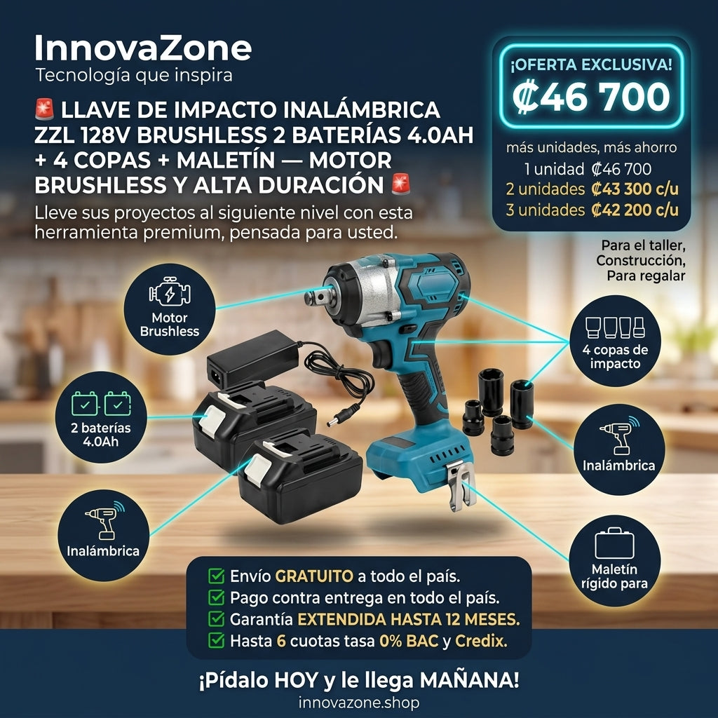 Llave de Impacto Inalámbrica ZZL 128V Brushless 2 Baterías 4.0Ah + 4 Copas + Maletín - oferta