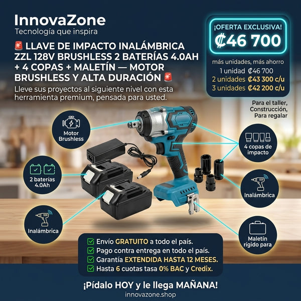 Llave de Impacto Inalámbrica ZZL 128V Brushless 2 Baterías 4.0Ah + 4 Copas + Maletín - oferta