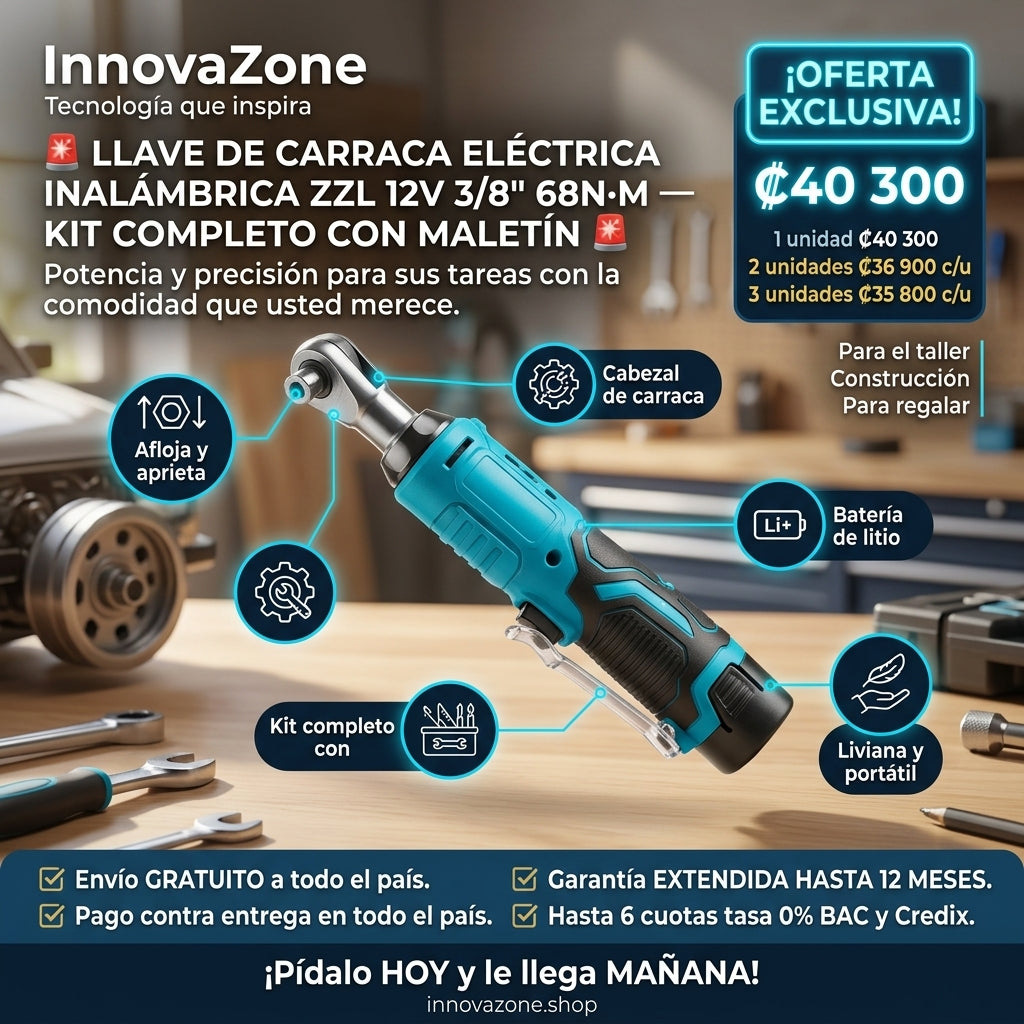 Llave de Carraca Eléctrica Inalámbrica ZZL 12V 3/8" 68N·m — Kit con Maletín - oferta