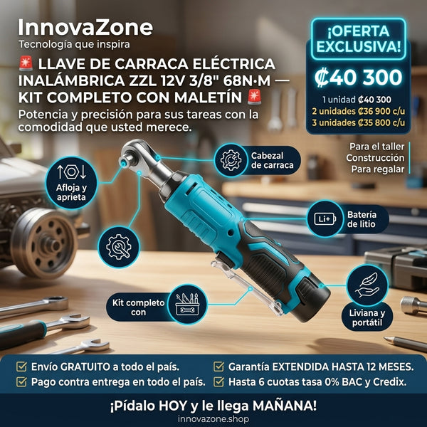 Llave de Carraca Eléctrica Inalámbrica ZZL 12V 3/8" 68N·m — Kit con Maletín - oferta