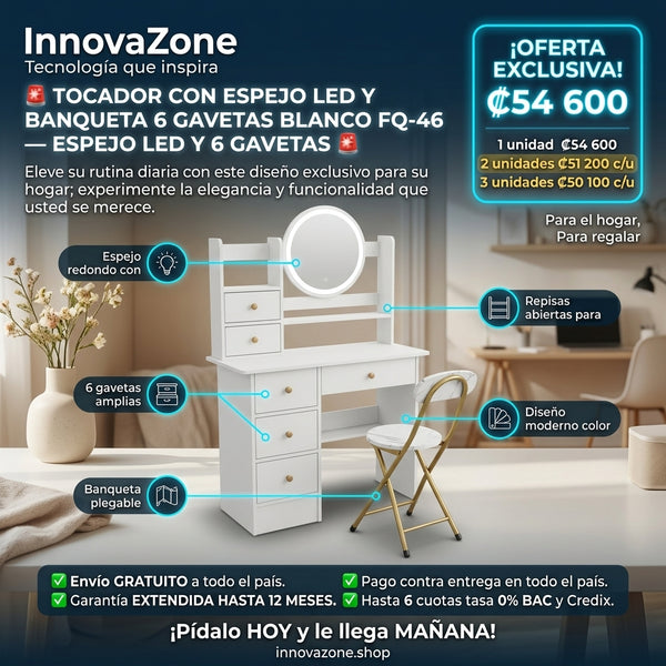Tocador con Espejo LED y Banqueta 6 Gavetas Blanco FQ-46 - oferta