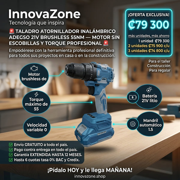 Taladro Atornillador Inalambrico ADEGSO 21V Brushless 55Nm - oferta
