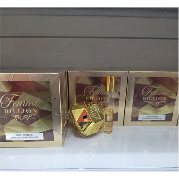 Perfume FEMME BILLION Set Eau de Parfum 80ml más travel spray 20ml botella dorada