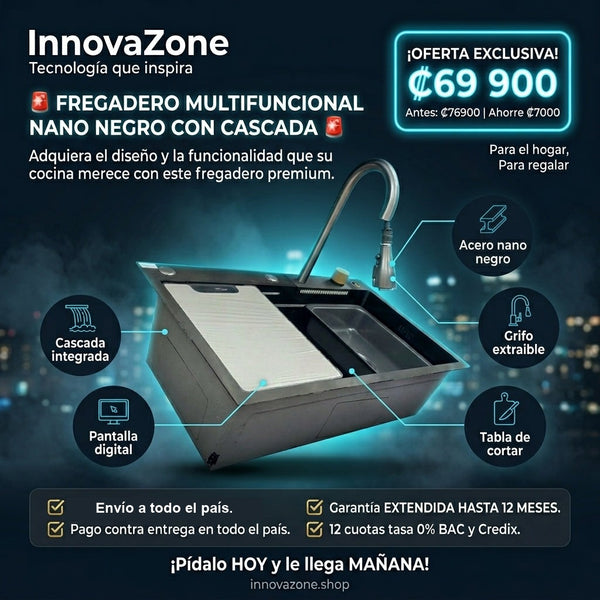 Fregadero Multifuncional Nano Negro con Cascada — Oferta 1:1