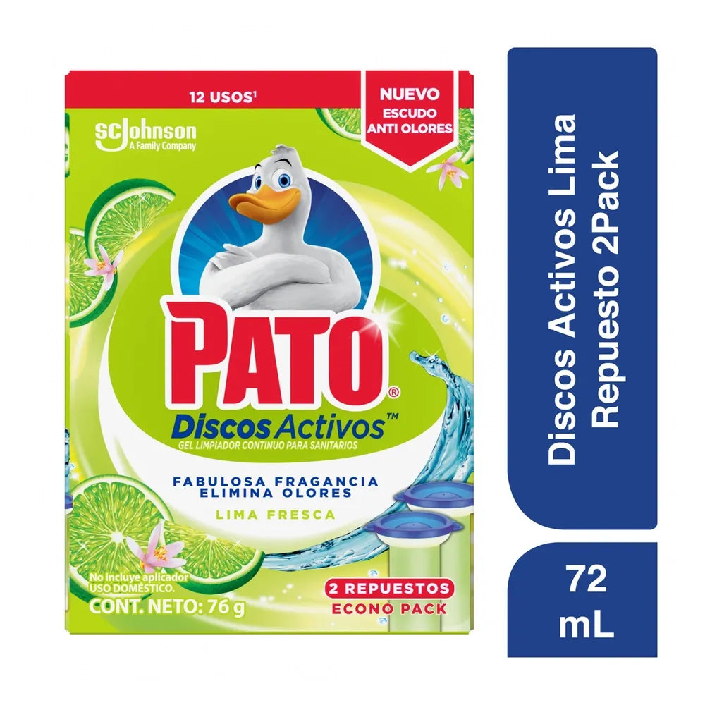Limpiador Continuo Para Sanitarios Pato Discos Activos Gel Lima Fresca 2 Repuestos - 72 Ml